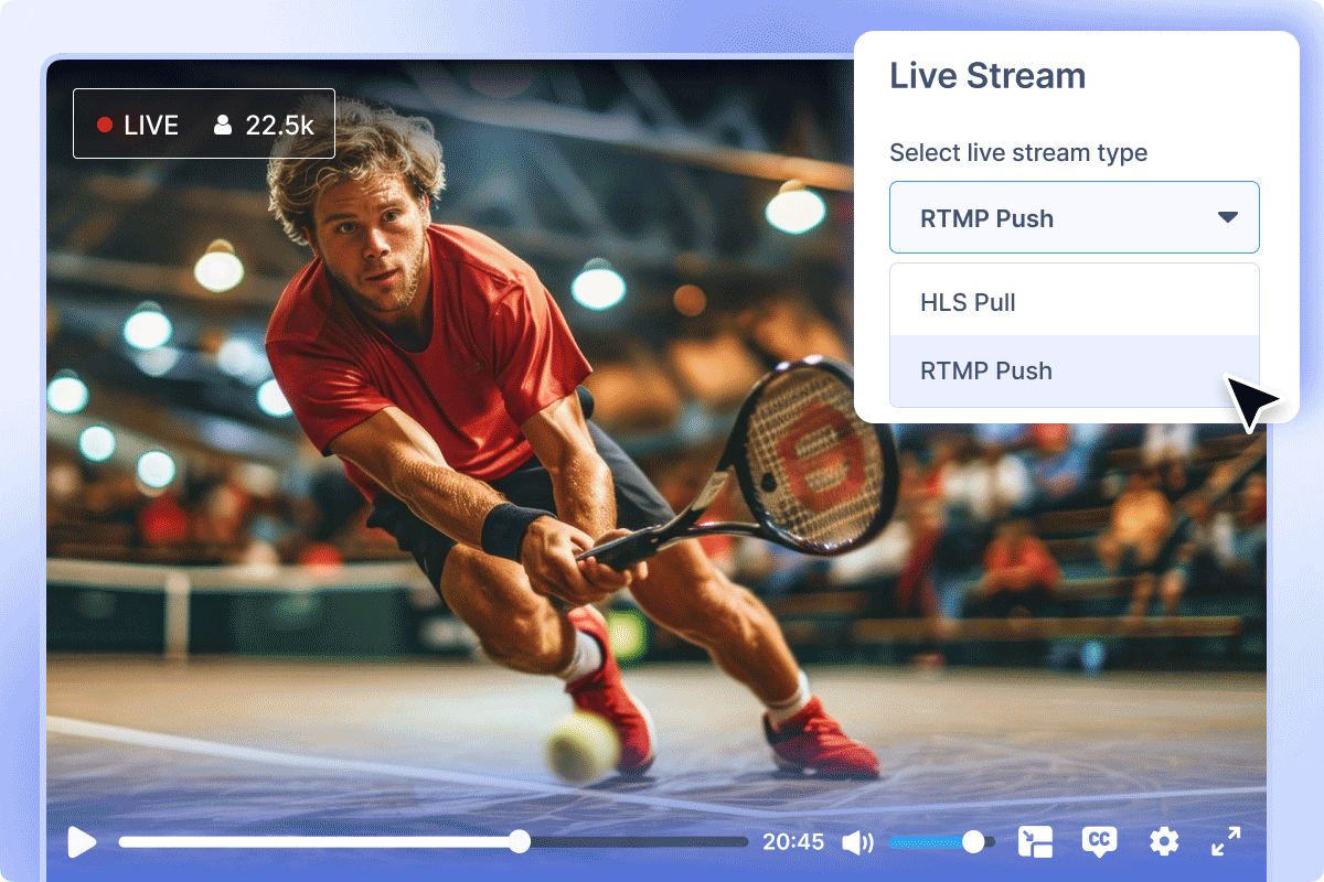 Animated demonstration of HLS and RTMP streaming protocols setup for live video broadcasting